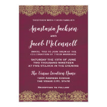Elegant Vintage Marsala Plum Gold Damask Wedding Invitation