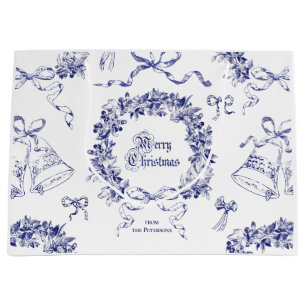 Elegant Vintage Merry Christmas Blue Wreath Bows Large Gift Bag