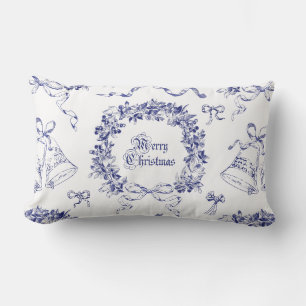Elegant Vintage Merry Christmas Bows Blue Toile Lumbar Pillow