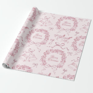 Elegant Vintage Merry Christmas Bows Pink Toile Wrapping Paper
