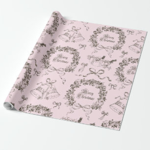 Elegant Vintage Merry Christmas Bows Pink Toile Wrapping Paper