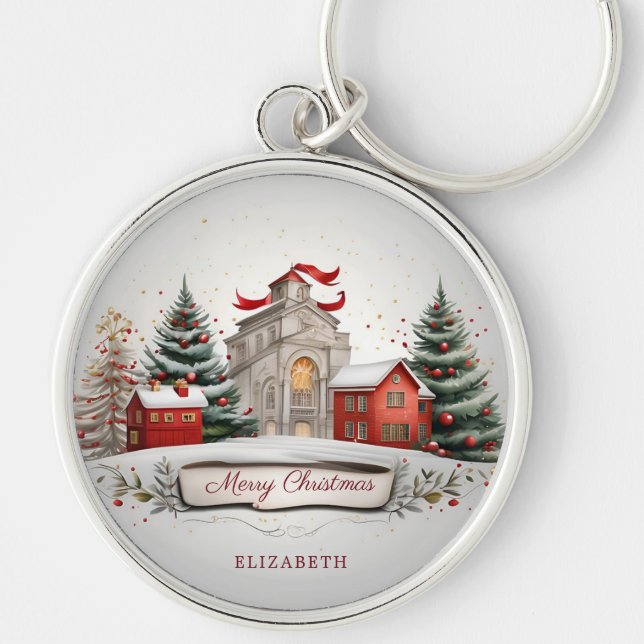 Elegant Vintage Merry Christmas Festive Keychain  (Front)