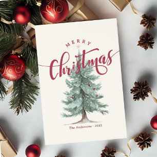 Elegant Vintage Merry Christmas Script Rustic Tree Holiday Postcard