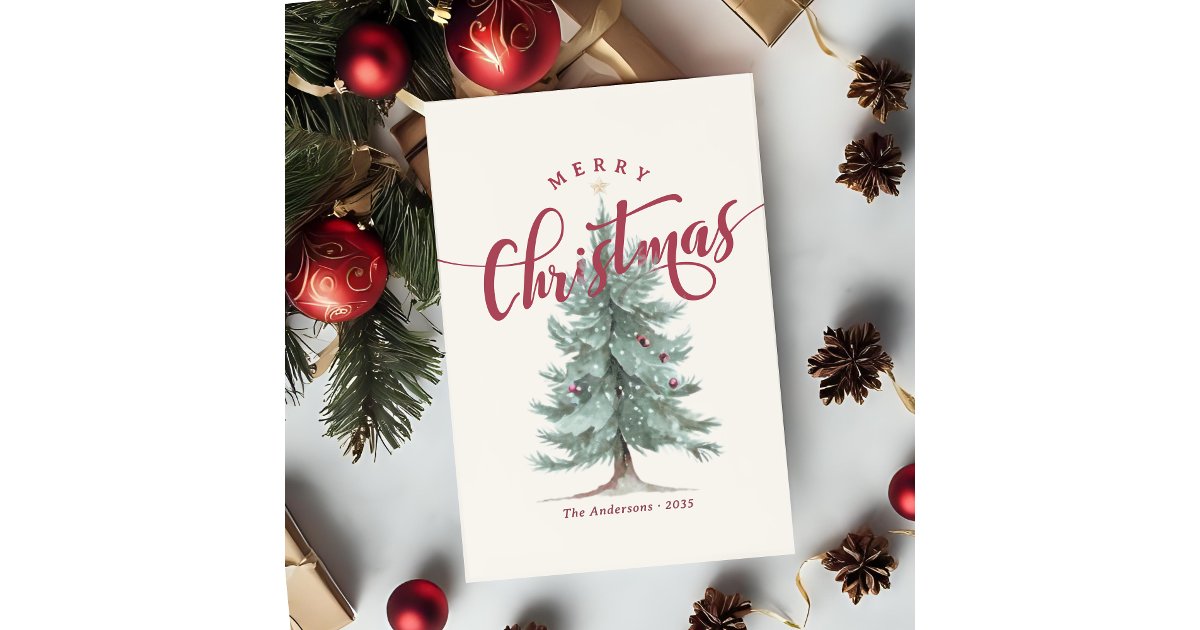 Elegant Vintage Merry Christmas Script Rustic Tree Holiday Postcard ...