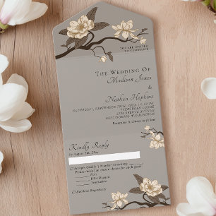 Elegant Vintage Minimal Gray Magnolia Wedding All In One Invitation