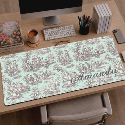 Elegant Vintage Mint Grey Toile De Jouy Monogram Desk Mat