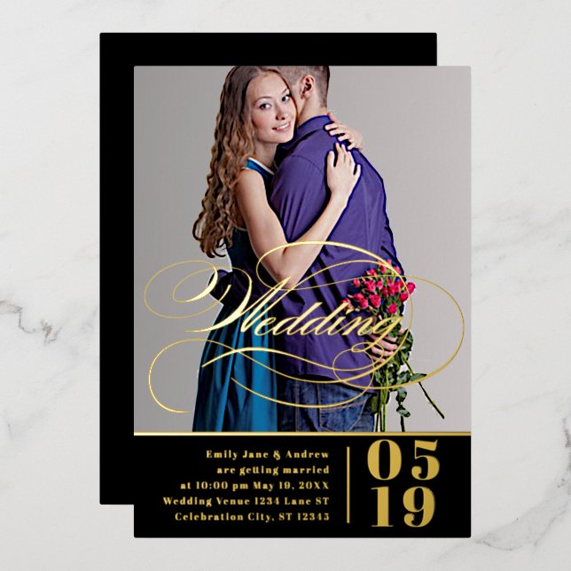 Elegant Vintage Modern Gold Photo Wedding  Foil Invitation (Front/Back)