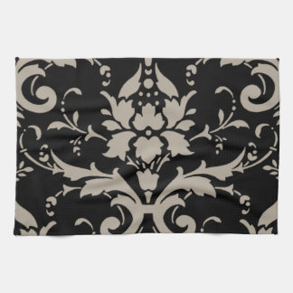 Elegant Vintage Modern Silver Damask on Black Towe Kitchen Towel