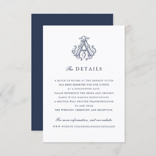 Elegant Vintage Monogram AA Wedding Details Insert Invitation