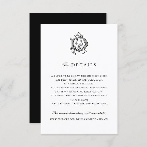 Elegant Vintage Monogram AD Wedding Details Insert Invitation