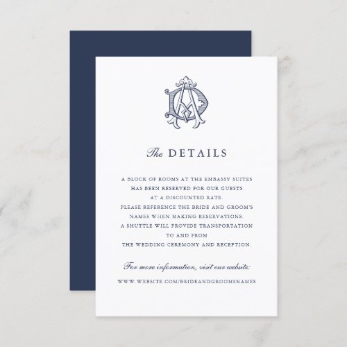 Elegant Vintage Monogram AD Wedding Details Insert Invitation
