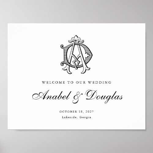 Elegant Vintage Monogram AD Wedding Welcome Sign