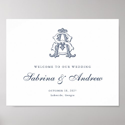 Elegant Vintage Monogram AS Wedding Welcome Sign