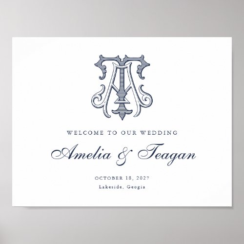 Elegant Vintage Monogram AT Wedding Welcome Sign