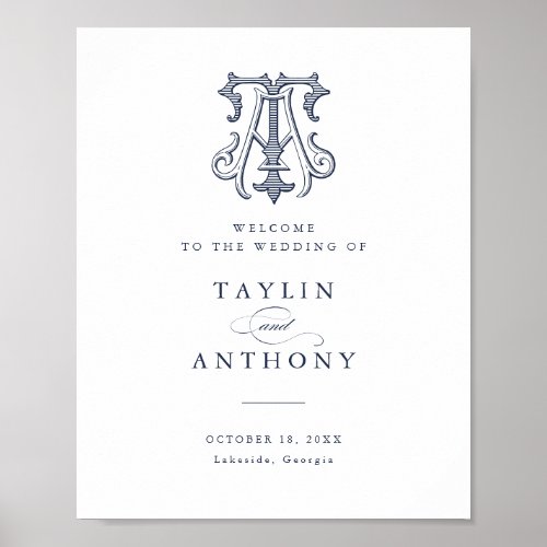 Elegant Vintage Monogram AT Wedding Welcome Sign