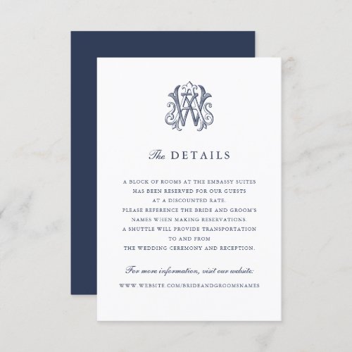 Elegant Vintage Monogram AW Wedding Details Insert Invitation