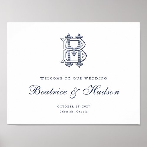 Elegant Vintage Monogram BH Wedding Welcome Sign