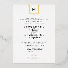 Elegant Vintage Monogram Black and White Wedding I Foil Invitation