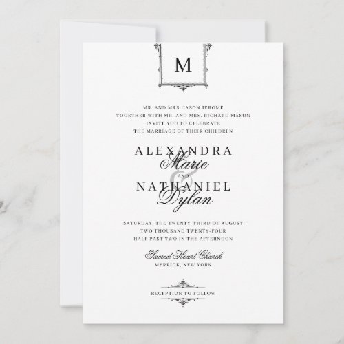 Elegant Vintage Monogram Black and White Wedding Invitation