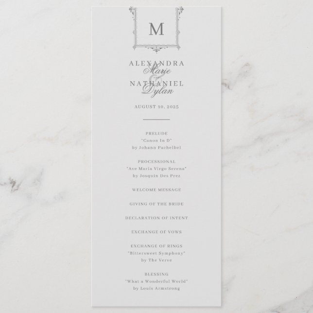 Elegant Vintage Monogram Black and White Wedding Program (Front)