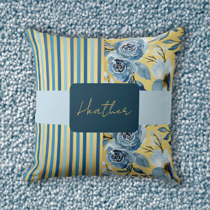 Elegant Vintage Monogram Blue Gold Floral Stripe Throw Pillow