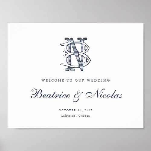 Elegant Vintage Monogram BN Wedding Welcome Sign