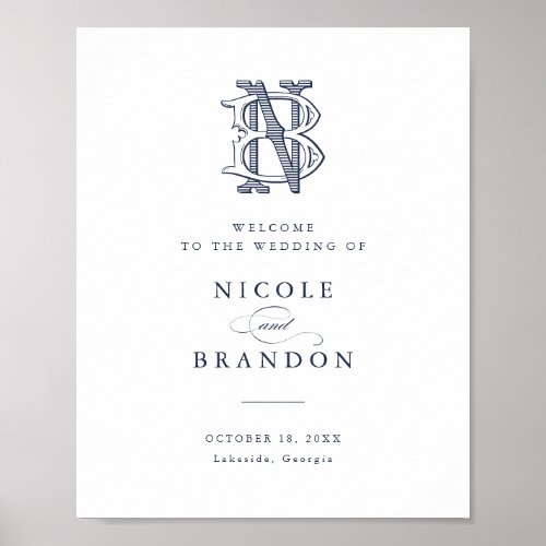 Elegant Vintage Monogram BN Wedding Welcome Sign