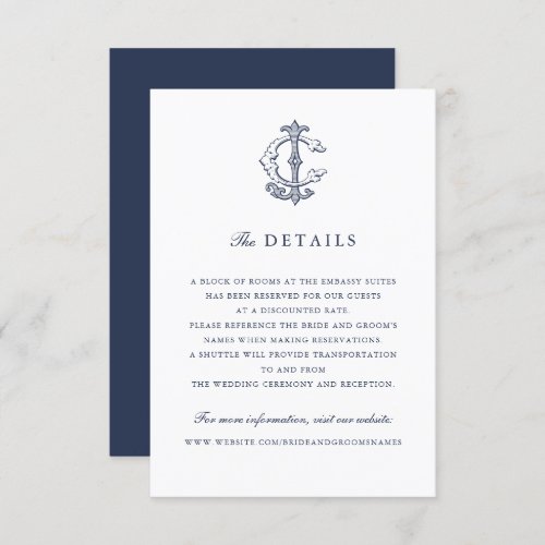 Elegant Vintage Monogram CJ Wedding Details Insert Invitation