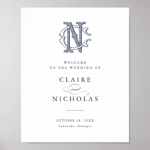 Elegant Vintage Monogram CN Wedding Welcome Sign