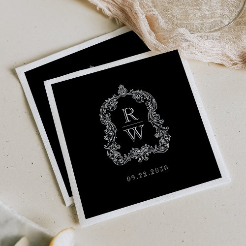 Elegant Vintage Monogram Crest Black White Wedding Napkins