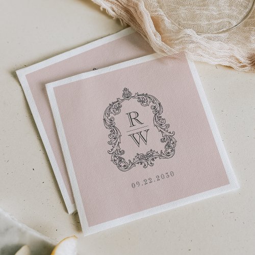 Elegant Vintage Monogram Crest Blush Pink Wedding Napkins
