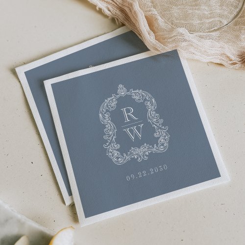 Elegant Vintage Monogram Crest Dusty Blue Wedding Napkins