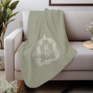Elegant Vintage Monogram Crest Sage Green Sherpa Blanket