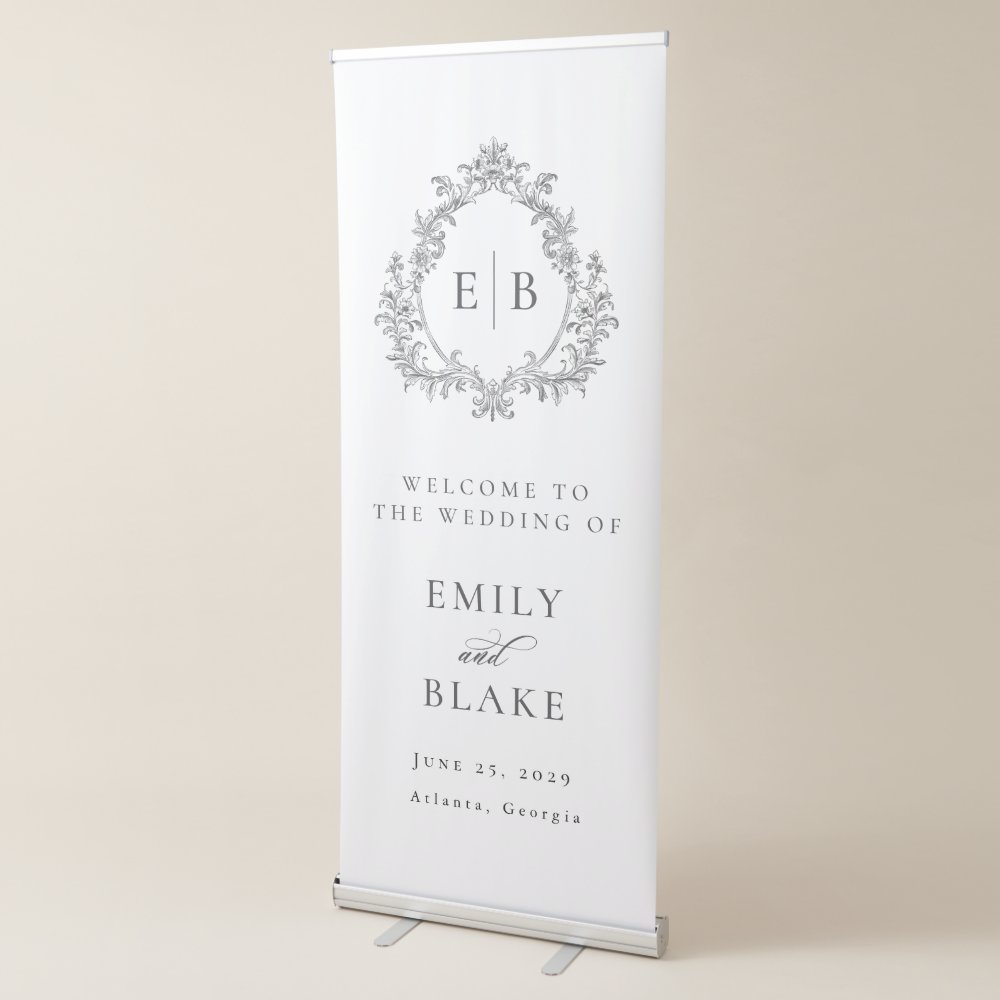 Disover Elegant Vintage Monogram Crest Wedding Welcome Retractable Banner
