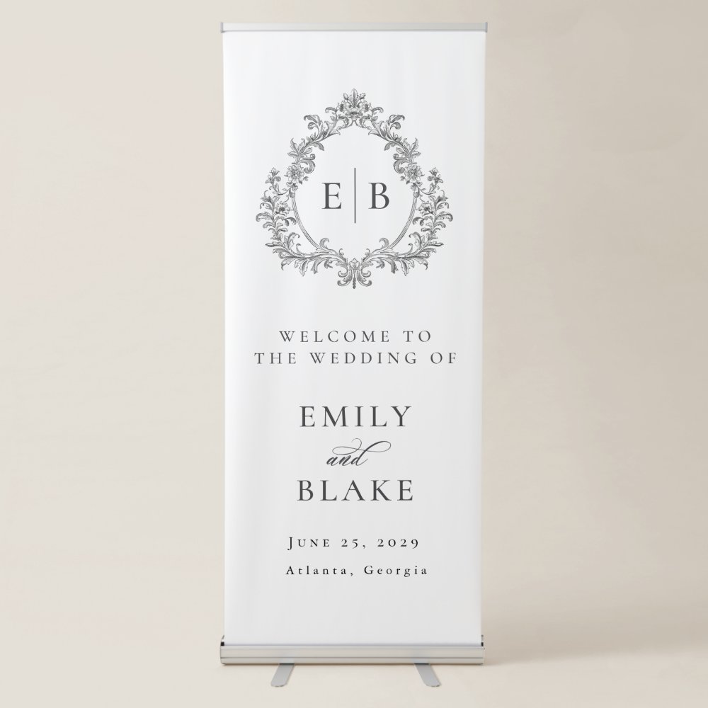 Disover Elegant Vintage Monogram Crest Wedding Welcome Retractable Banner