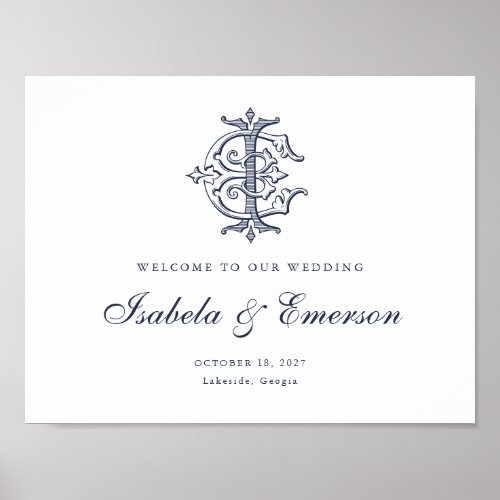 Elegant Vintage Monogram EI Wedding Welcome Sign