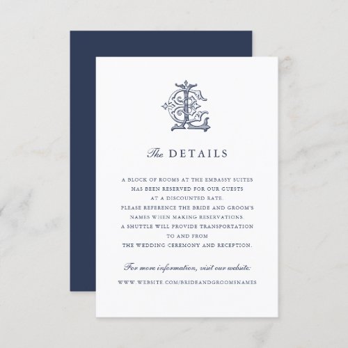 Elegant Vintage Monogram EL Wedding Details Insert Invitation