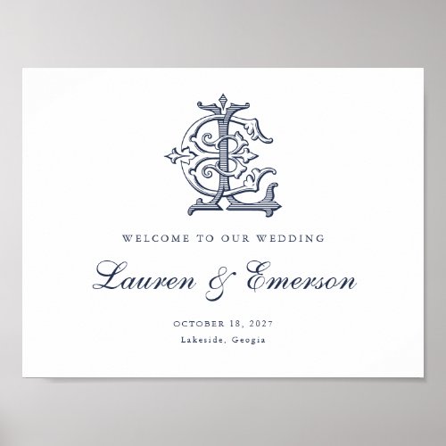 Elegant Vintage Monogram EL Wedding Welcome Sign