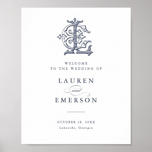 Elegant Vintage Monogram EL Wedding Welcome Sign