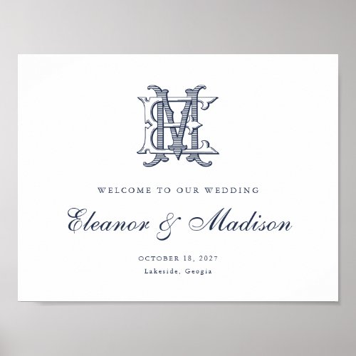 Elegant Vintage Monogram EM Wedding Welcome Sign