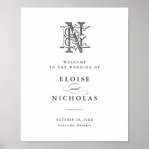 Elegant Vintage Monogram EN Wedding Welcome Sign