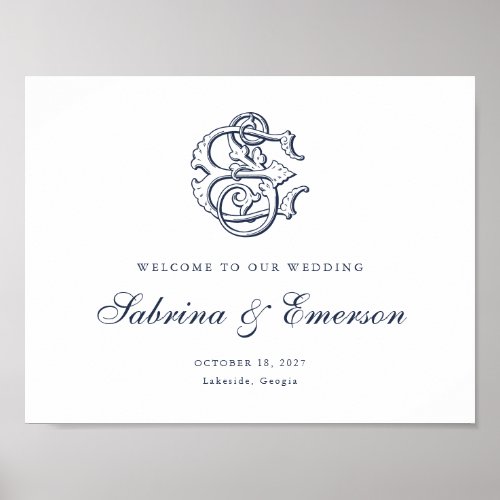 Elegant Vintage Monogram ES Wedding Welcome Sign