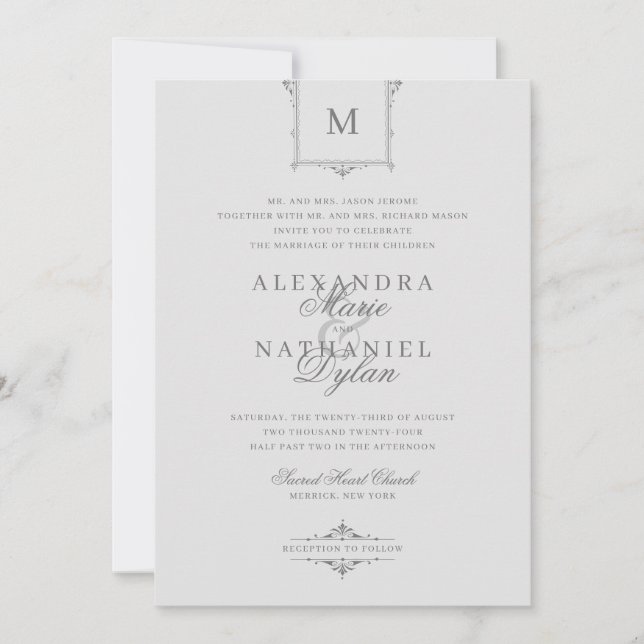 Elegant Vintage Monogram Grey and Black Wedding Invitation (Front)