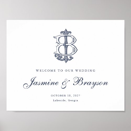 Elegant Vintage Monogram JB Wedding Welcome Sign