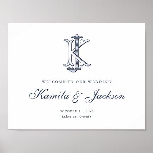 Elegant Vintage Monogram JK Wedding Welcome Sign