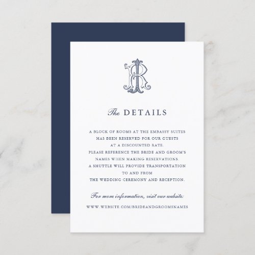 Elegant Vintage Monogram JR Wedding Details Insert Invitation