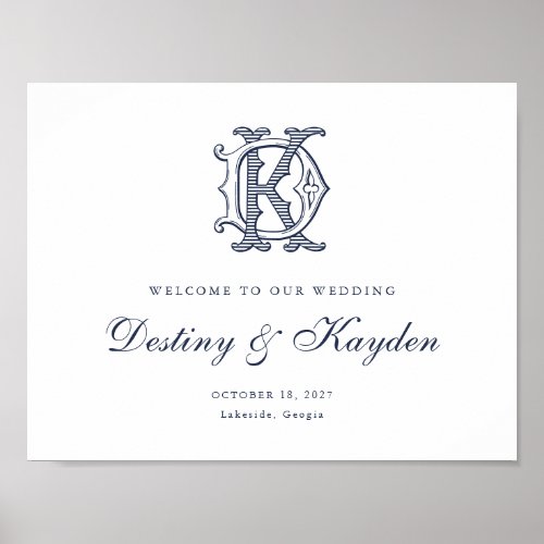 Elegant Vintage Monogram KD Wedding Welcome Sign