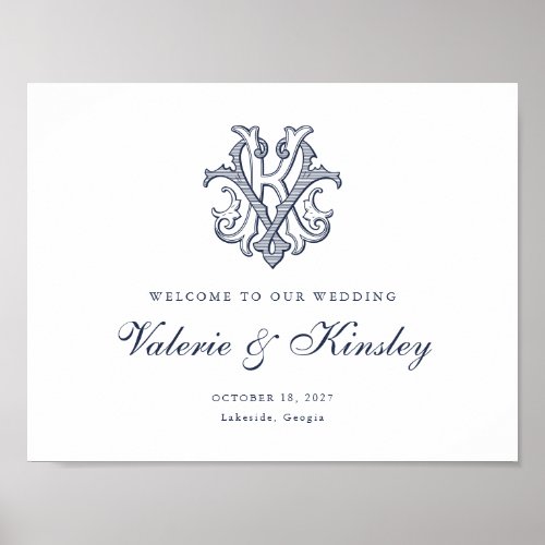 Elegant Vintage Monogram KV Wedding Welcome Sign