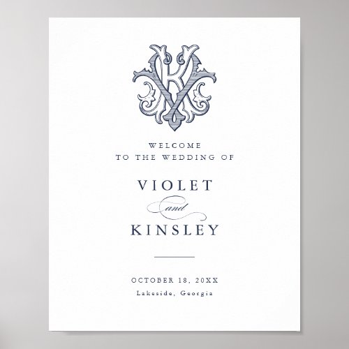 Elegant Vintage Monogram KV Wedding Welcome Sign