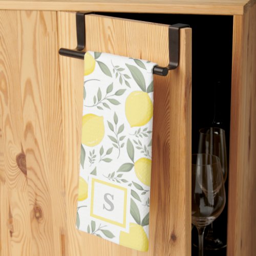 Elegant Vintage Monogram Lemons and Leaves Pattern Kitchen Towel